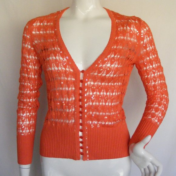 Cache Sweaters - CACHE Cardigan Sweater, S, Orange Silk, Open Knit, Sequins, Long sleeve, Buttons